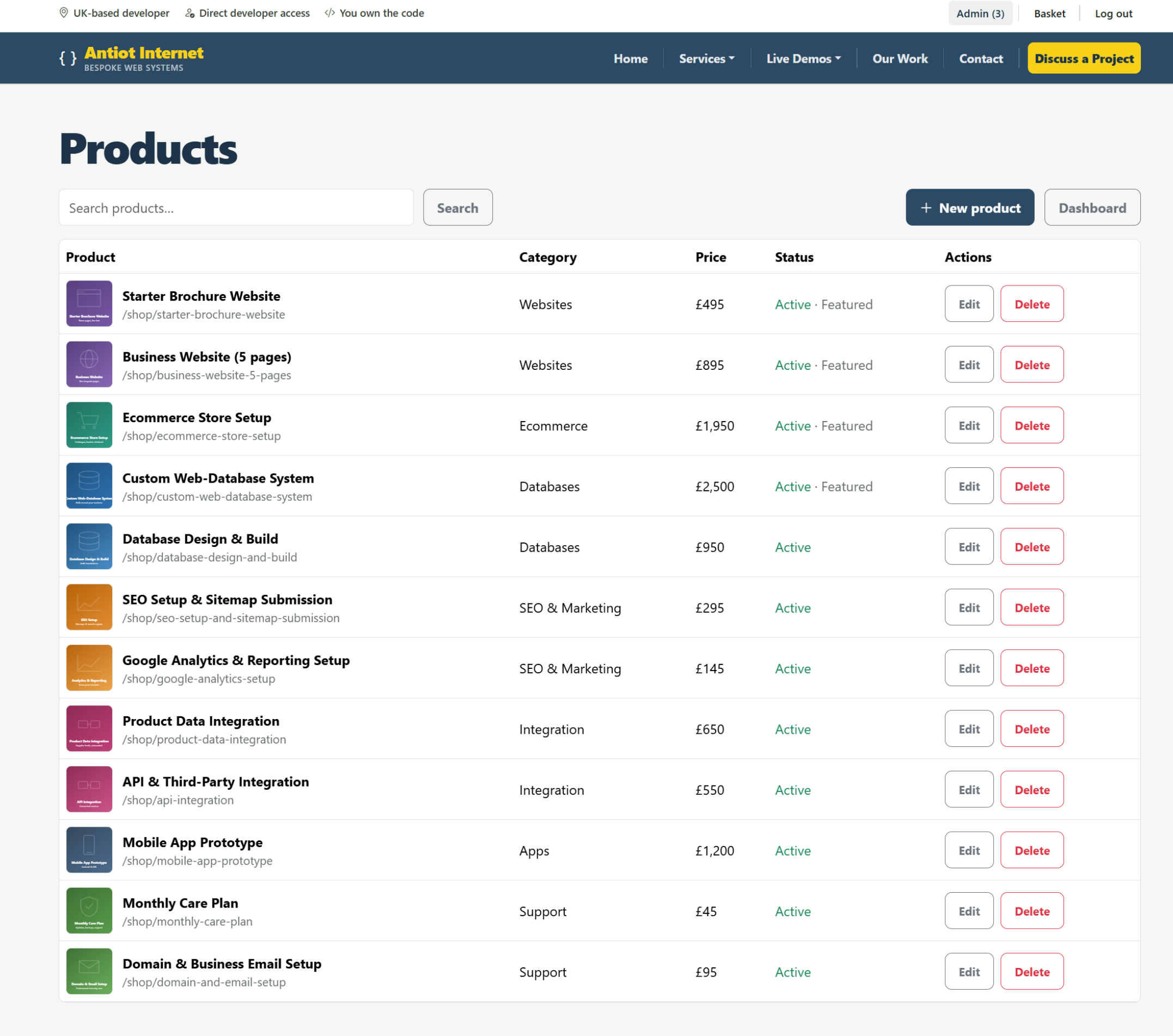 Screenshot of the product-management area in the Antiot Internet back-office