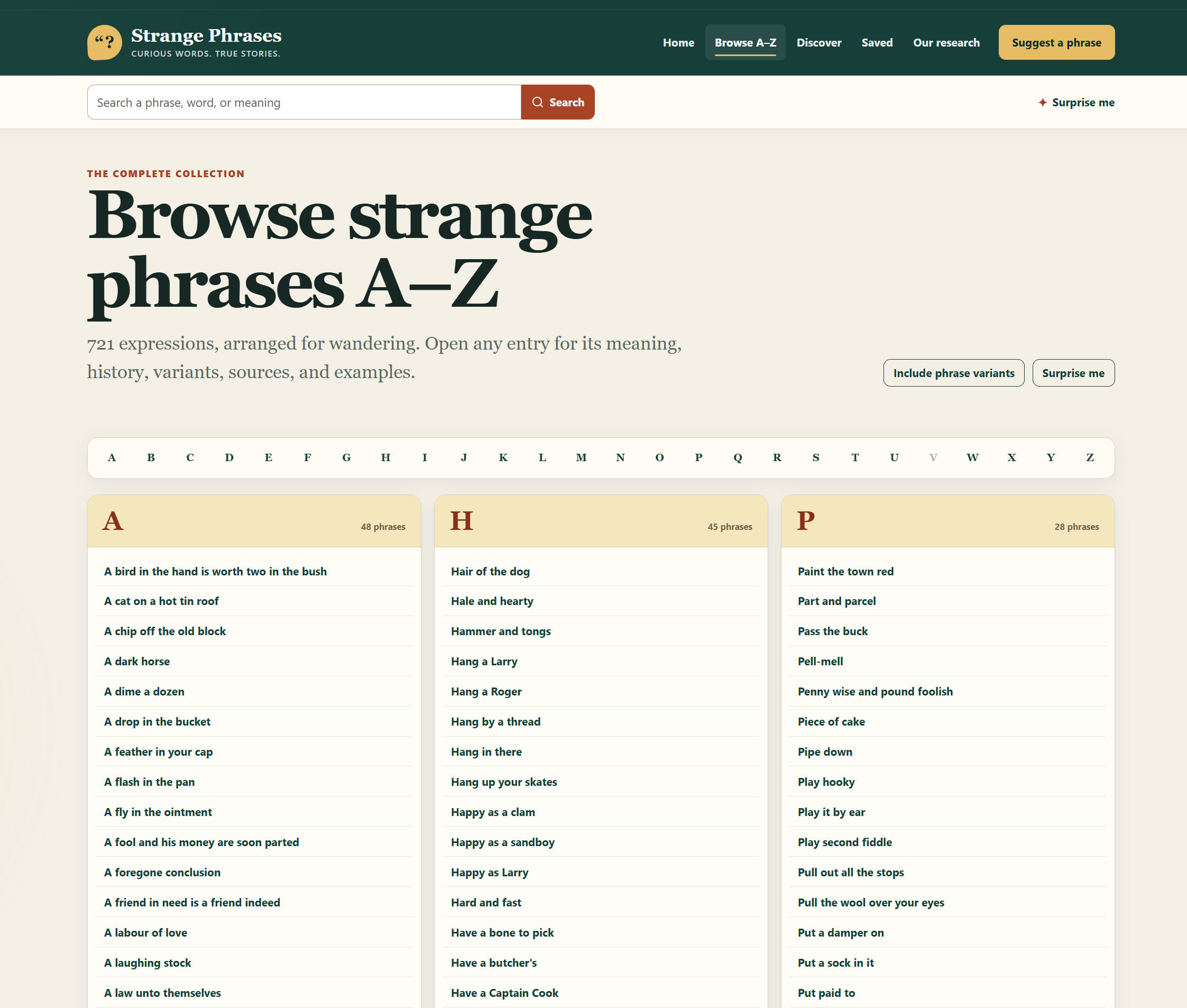 Screenshot of the Strange Phrases searchable A to Z collection